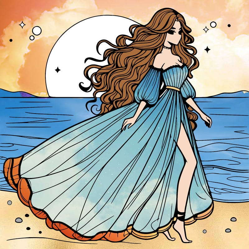 beautiful woman with a vaporous long dress walking on the beach at the noon, detailed art