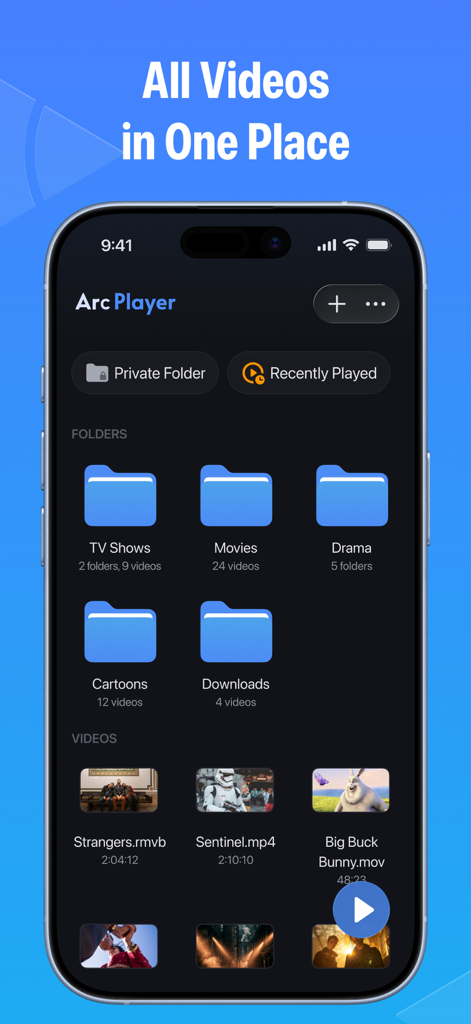Video Player - Arc Player - Arc Player app interface showing organized video folders and the private folder feature on a mobile screen