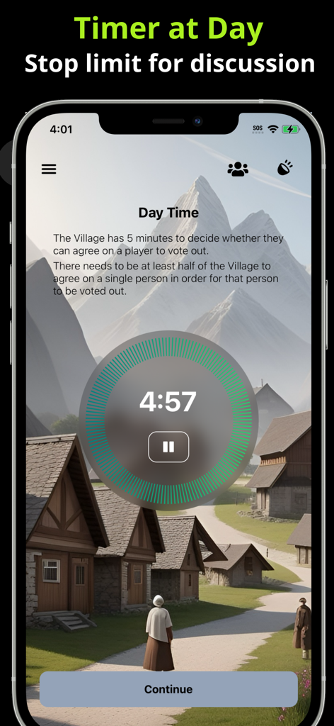 토론 카운트다운 타이머가 있는 낮 단계의 Werewolf 게임 인터페이스.