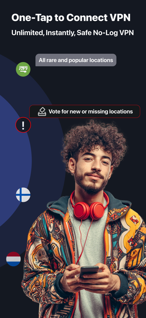 XS VPN: Fast & Secure Proxy - A young man using the XS VPN app on his smartphone showing the one tap connect feature and global server locations