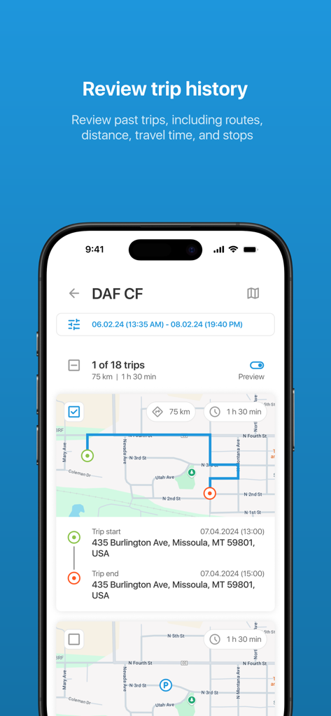 X-GPS Mobile - Interfaz de la aplicación X-GPS Mobile que muestra el historial de viajes detallado con un mapa de ruta y la duración del viaje para la gestión de flotas