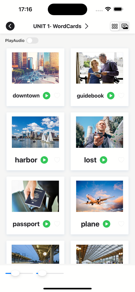 2000 Core English Words (2) - 각각 해당 이미지와 오디오 재생 버튼이 있는 downtown, guidebook, harbor, lost, passport, plane과 같은 단어가 포함된 2000 필수 영어 단어의 단위 영어 어휘 플래시카드를 보여주는 모바일 앱 인터페이스