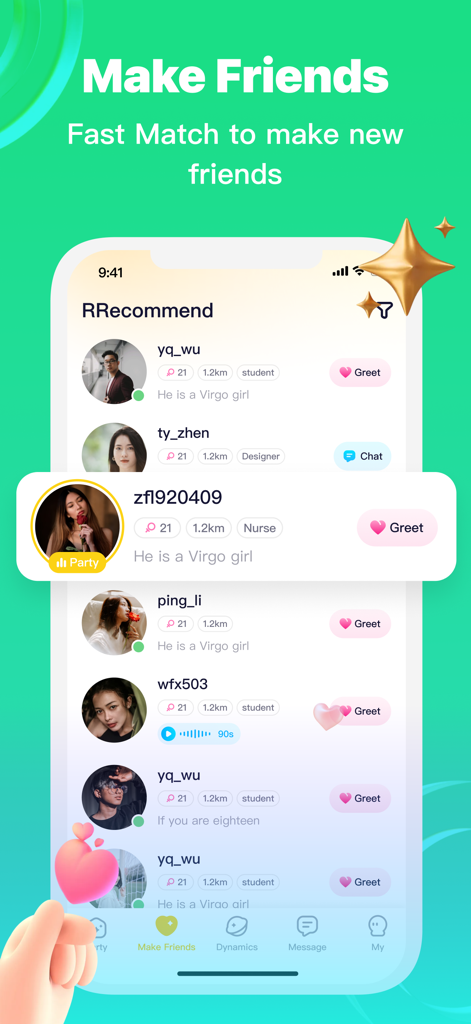 Interface of Chati app showing a list of recommended user profiles with greet and chat options for social interaction