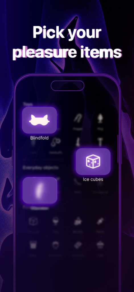 Sex Game for Couples: Kinky! - Mobile App-Oberfläche zur Auswahl von Intimitätsutensilien wie Augenbinden und Eiswürfeln für ein Paarespiel.