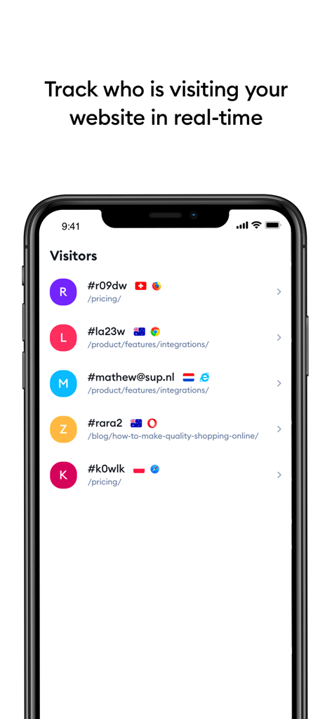 Interface do aplicativo móvel Tidio exibindo uma lista em tempo real de visitantes do site com sua localização e detalhes do navegador