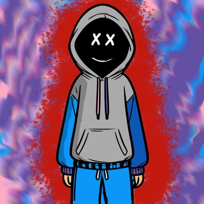 faceless girl in a tracksuit with a hood on and no hair