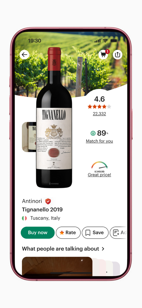 Vivino: Drink The Right Wine - Vivinoアプリに、アンティノリ・ティニャネロ2019のワインに対する4.6つ星の評価と詳細が表示されています