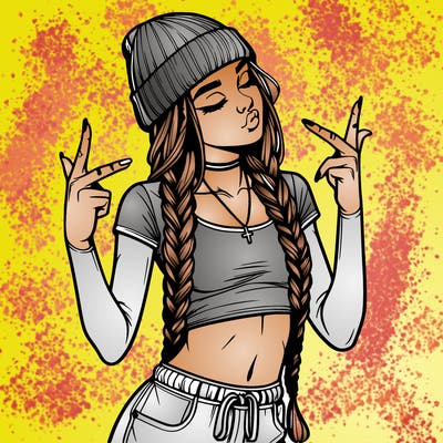 realistic teenage girl with braids and a beanie and crop top doing 🫶🏼