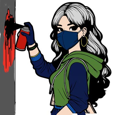 realistic girl with mask spray painting a wall