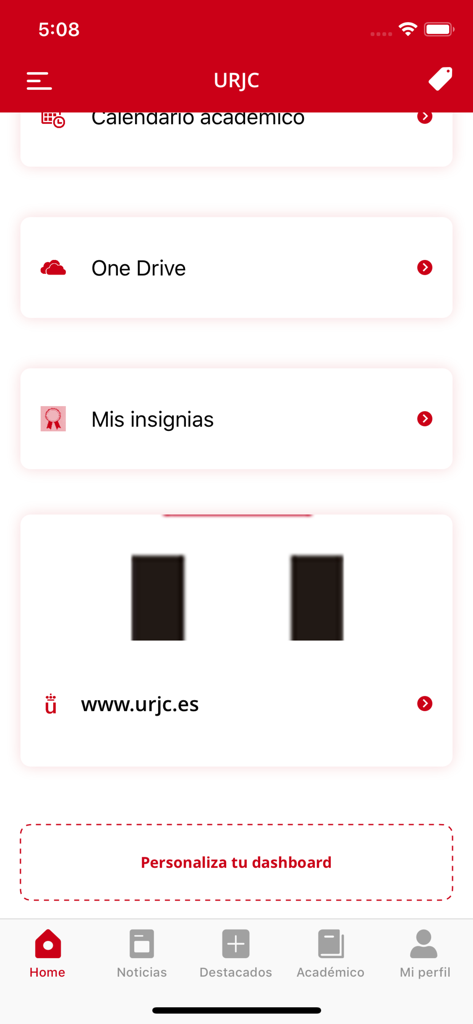Main dashboard of the URJC University mobile app showing academic resources and student badges