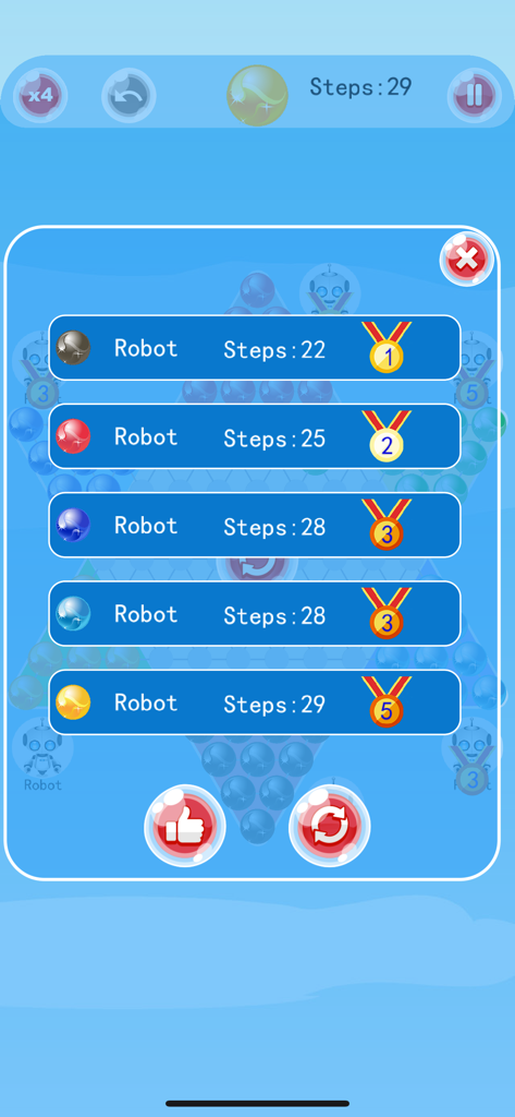 Chinese Checkers-A.I. Enhanced - Scoreboard screen in the Chinese Checkers app showing player rankings and total steps taken