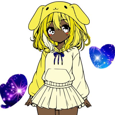 pretty anime girl wearing a fluffy hoodie with bunny ears on the hood and a skirt