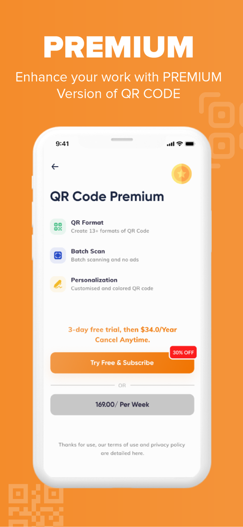 Premium subscription screen for the QR code scanner app displaying advanced features like batch scanning and custom code personalization