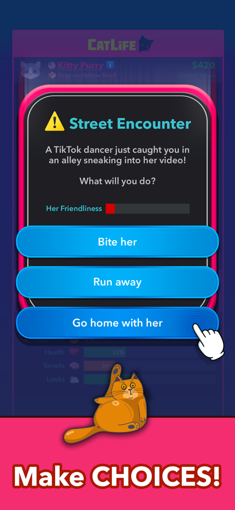 BitLife Cats - CatLife - Una captura de pantalla del juego de CatLife que muestra un evento de encuentro callejero con opciones de elección múltiple para el jugador.