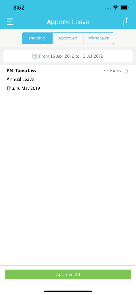 Datacom MyPay mobile app interface displaying a pending annual leave approval request for an employee.