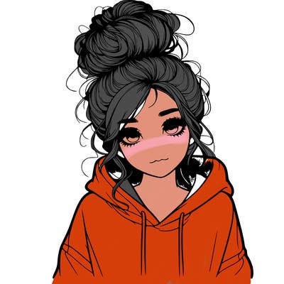 realistic girl with a massy bun and a hoodie