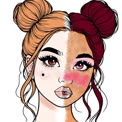 realistic girl with two buns on her hair and lips