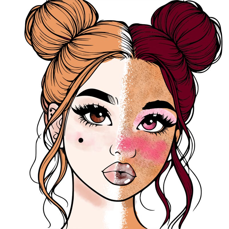 realistic girl with two buns on her hair and lips