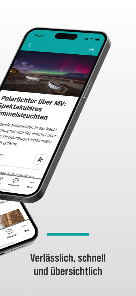 NDRメクレンブルク＝フォアポンメルンアプリのインターフェースでオーロラに関するニュース記事を表示するスマートフォン。