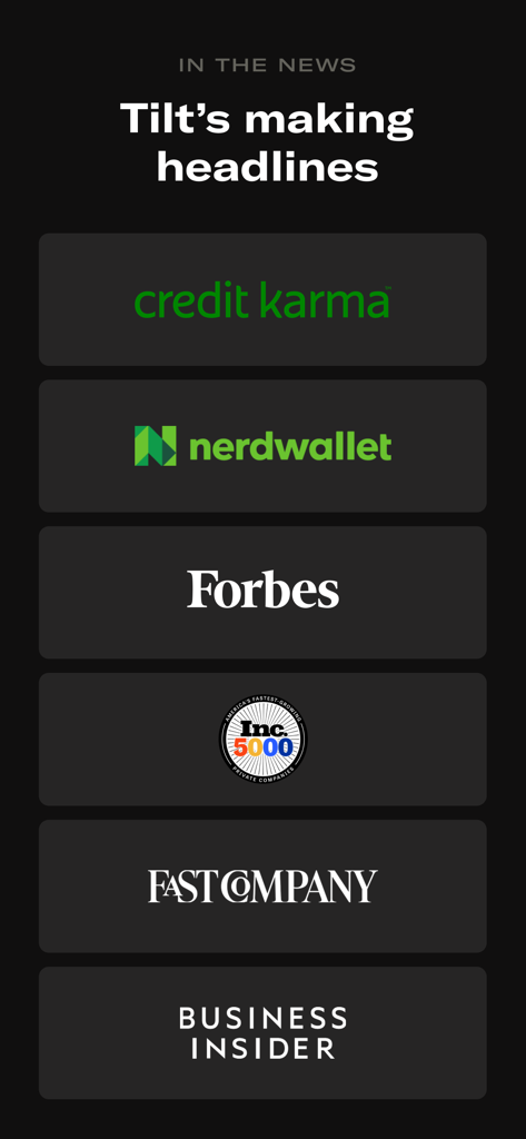 Tilt: Cash Advance & Credit - Logos de publicaciones importantes como Forbes y Business Insider que han destacado la aplicación Tilt.