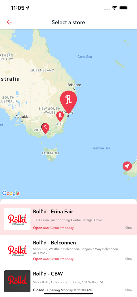 Roll’d Vietnamese - Interfaz de la aplicación Roll'd Vietnamese que muestra un mapa de Australia con ubicaciones de restaurantes y una lista de tiendas con su estado de apertura actual