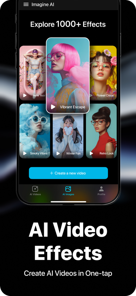Imagine AI: AI Video Generator - Vibrant Escape 및 Flower Craze를 포함한 다양한 영상 효과를 보여주는 Imagine AI 앱 화면