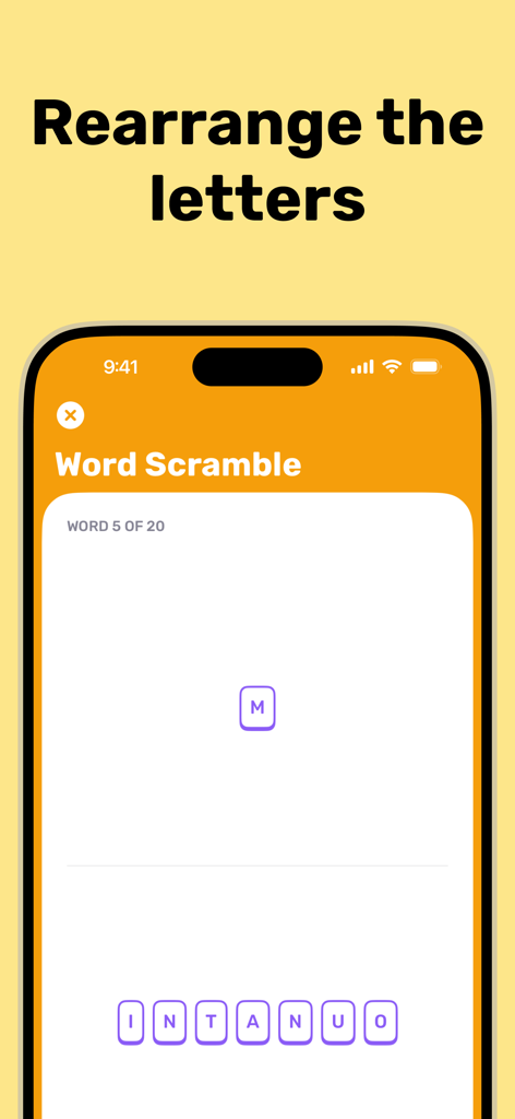 Spell It: Spelling Bee Games - Wort-Rallye-Spielmodus in der Spell It App, bei dem Kinder Buchstaben neu anordnen, um die Rechtschreibung zu üben.