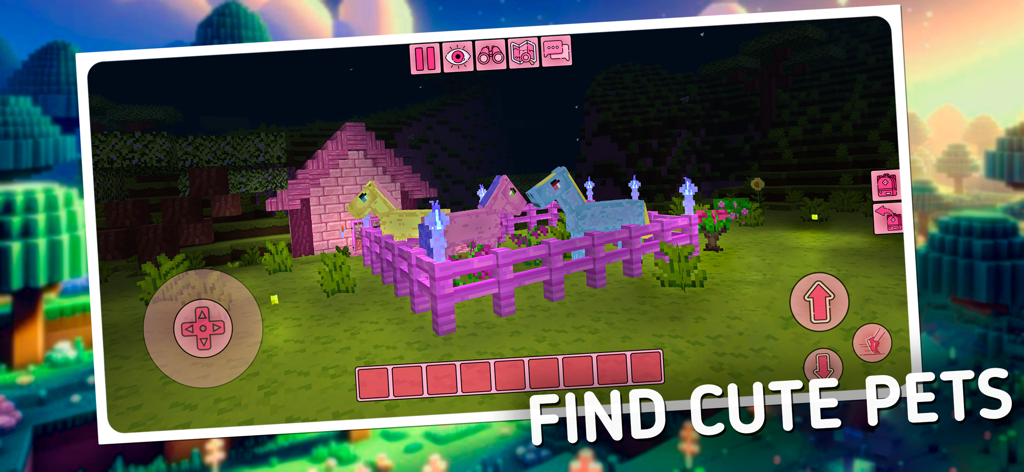 A pink voxel house and colorful blocky horses inside a pink fence in Kawaii World.