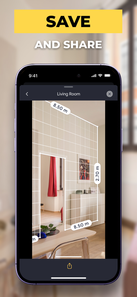 Tape Measure: AR Measuring - Smartphone zeigt eine AR-Messung einer Raumwand mit Abmessungen und einer Aufforderung zum Speichern und Teilen