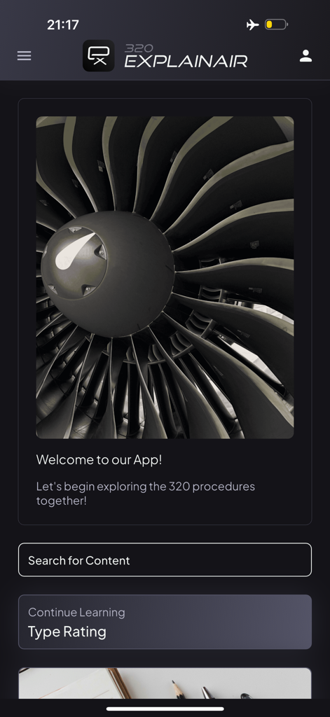 Home screen of the A320 EXPLAINAIR app showing a jet engine image and pilot training modules.