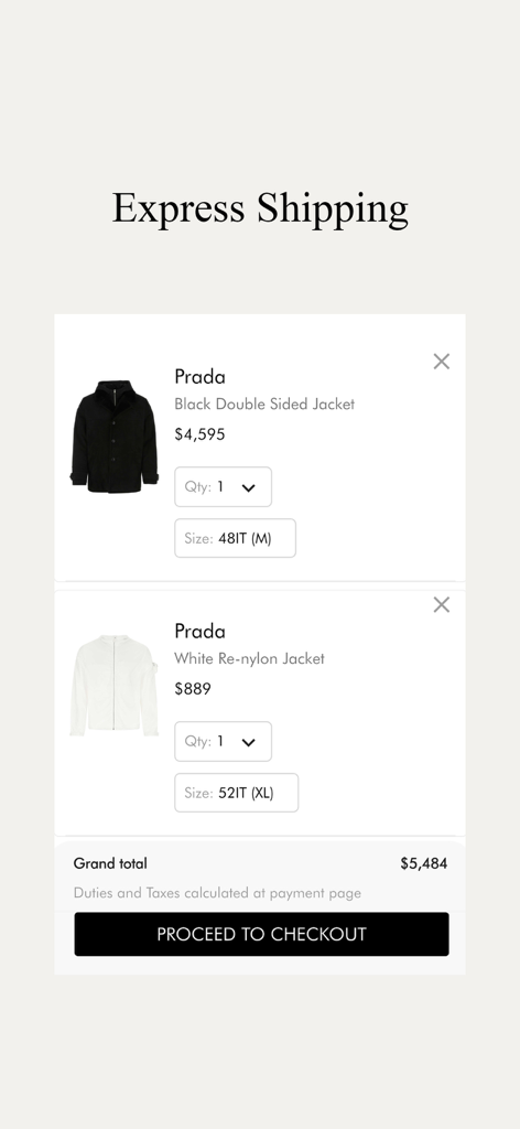 Darveys Luxury Shopping - Interface of the Darveys shopping app showing a cart with luxury Prada jackets and an express shipping header