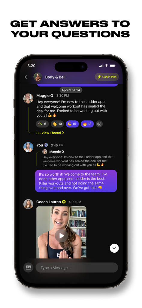 Screenshot of the Ladder app's community chat feature showing users interacting and a video response from a professional fitness coach.