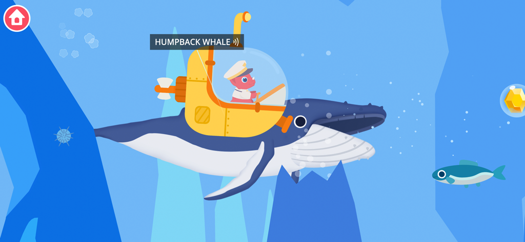 A pink dinosaur piloting a yellow submarine on the back of a humpback whale in an underwater educational game