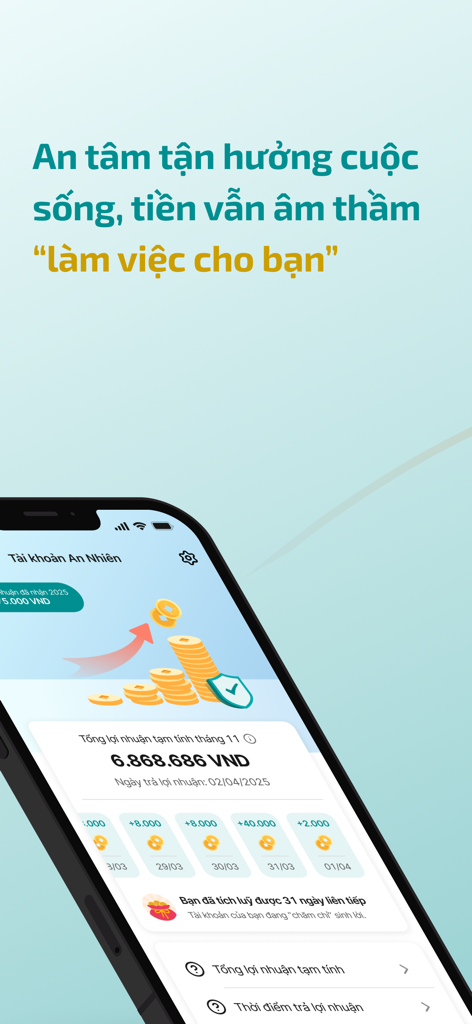 ABBank - Captura de pantalla de la aplicación móvil ABBank que muestra un panel de gestión financiera inteligente con seguimiento de ahorros y ganancias en vietnamita