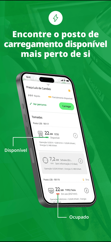 Captura de pantalla de la app Via Verde mostrando la disponibilidad y ubicaciones de estaciones de carga para vehículos eléctricos