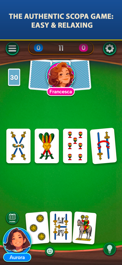 Scopa Classic - Jugabilidad de Scopa Classic con cartas italianas tradicionales y avatares de jugadores en una mesa verde