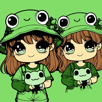 a cute realistic girl with a frog bucket hat and she’s holding a frog