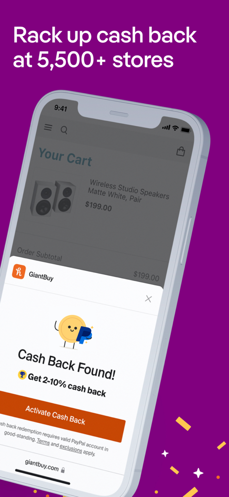 PayPal Honey: Coupons, Rewards - Interface de l'application PayPal Honey affichant une alerte de Cash Back trouvé pendant les achats mobiles.