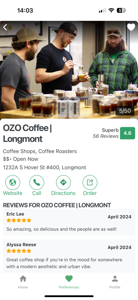 Restaurantji Dining Guide - Restaurantji app screen showing OZO Coffee profile with ratings and customer reviews