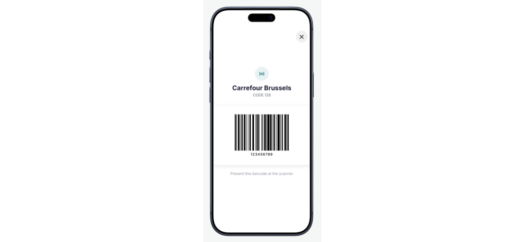 My Barcode Cards - Mobile screen displaying a scannable barcode for a Carrefour Brussels loyalty card.