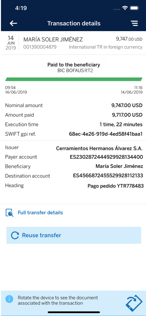 BBVA Net Cash | ES & PT - Transaction details screen in the BBVA Net Cash app showing an international transfer confirmation.