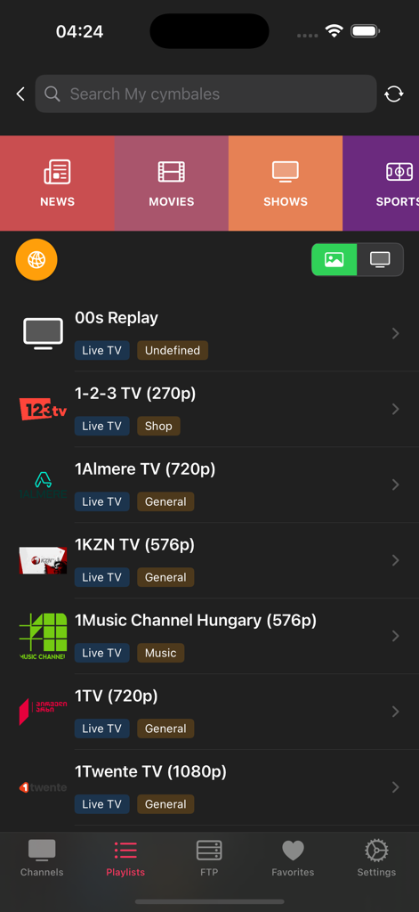 Mobdro IPTV Plus - Mobdro IPTV Plus app interface showing a list of live TV channels with video resolution and categories.