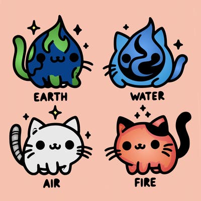4 cats that represent the different elements, earth, water, air, and fire