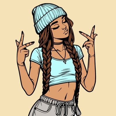 realistic teenage girl with braids and a beanie and crop top doing 🫶🏼