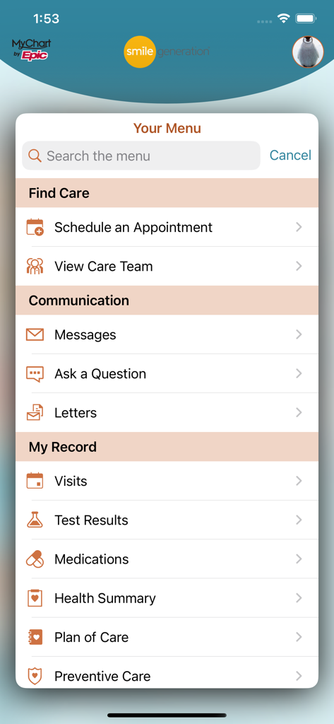 Menu interface of the Smile Generation MyChart app showing dental care and health record management options