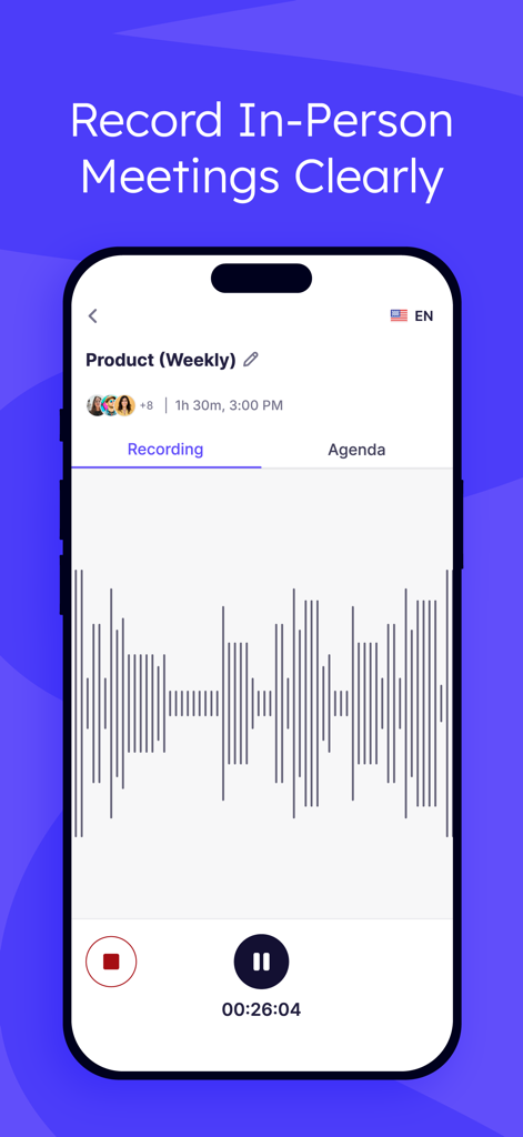 Krisp AI Meeting Note Taker - Interface of the Krisp AI app recording an in-person weekly product meeting with a visible audio waveform and timer.