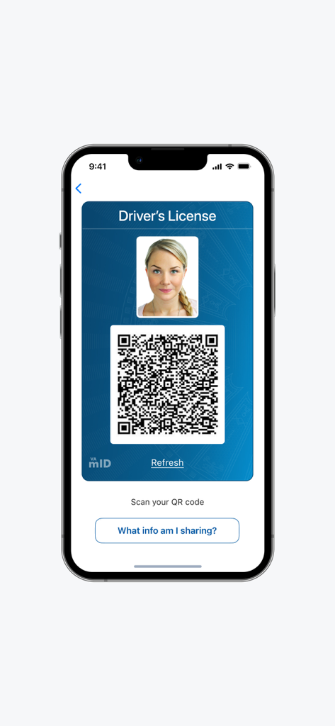 Virginia Mobile ID - A smartphone displaying the Virginia Mobile ID digital driver license with a scanable QR code for identity verification