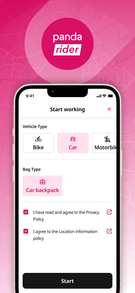 Interface de l'application foodpanda rider montrant la sélection du véhicule pour vélo, voiture et moto avec le bouton "Commencer à travailler"