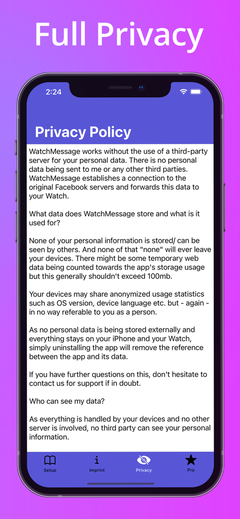 WatchMessage for Messenger - Privacy policy screen of the WatchMessage for Messenger app explaining data protection and privacy measures