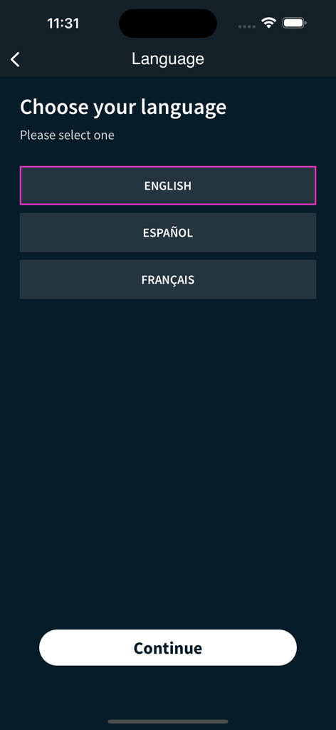 Language selection screen in the Onetoro app with options for English, Spanish, and French